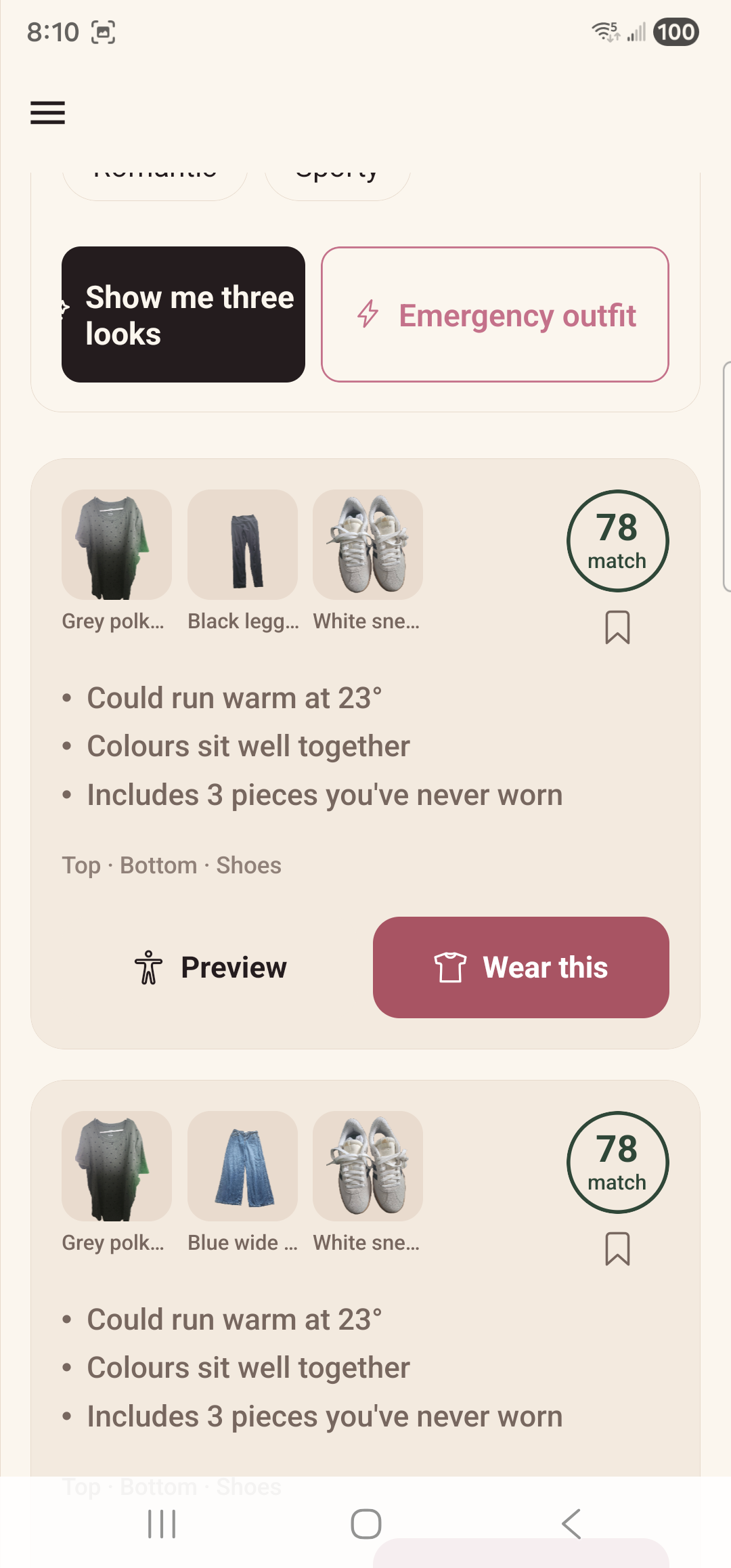 Three outfit suggestions scored out of 100, with the reasons for each